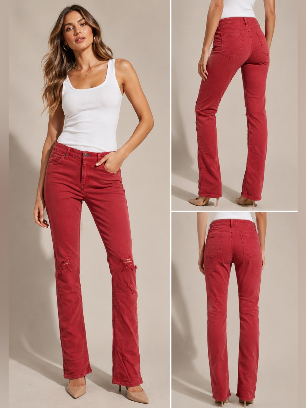 rag & bone Red Flare Jeans with Knee Distress
